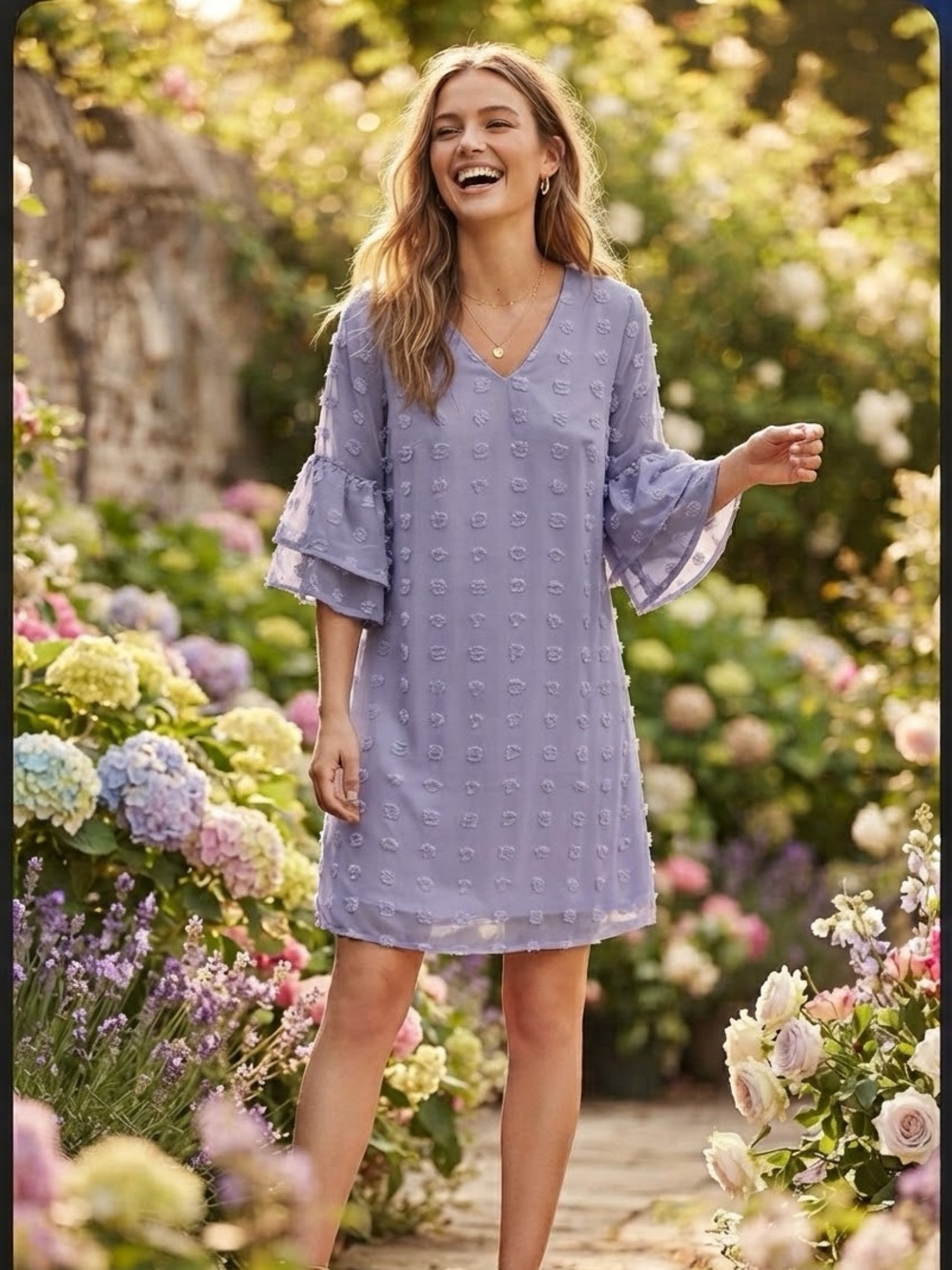 Lilac V-Neck Mini Dress with Textured Dot Detail